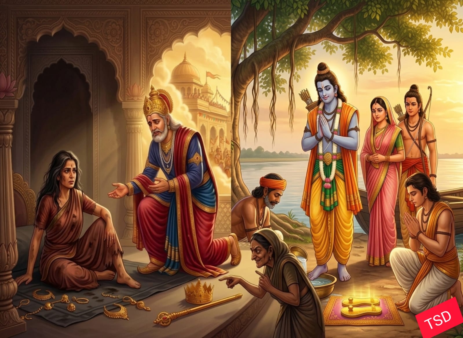 अयोध्या कांड के प्रमुख भावुक प्रसंगों को दर्शाता एक विहंगम कलात्मक पोस्टर।