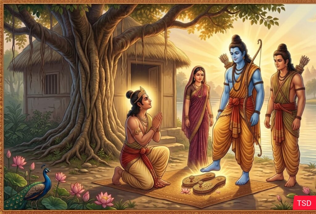 चित्रकूट कुटिया के बाहर हाथ जोड़े घुटनों पर बैठे राजकुमार भरत और श्रीराम की दिव्य चरण-पादुकाएँ