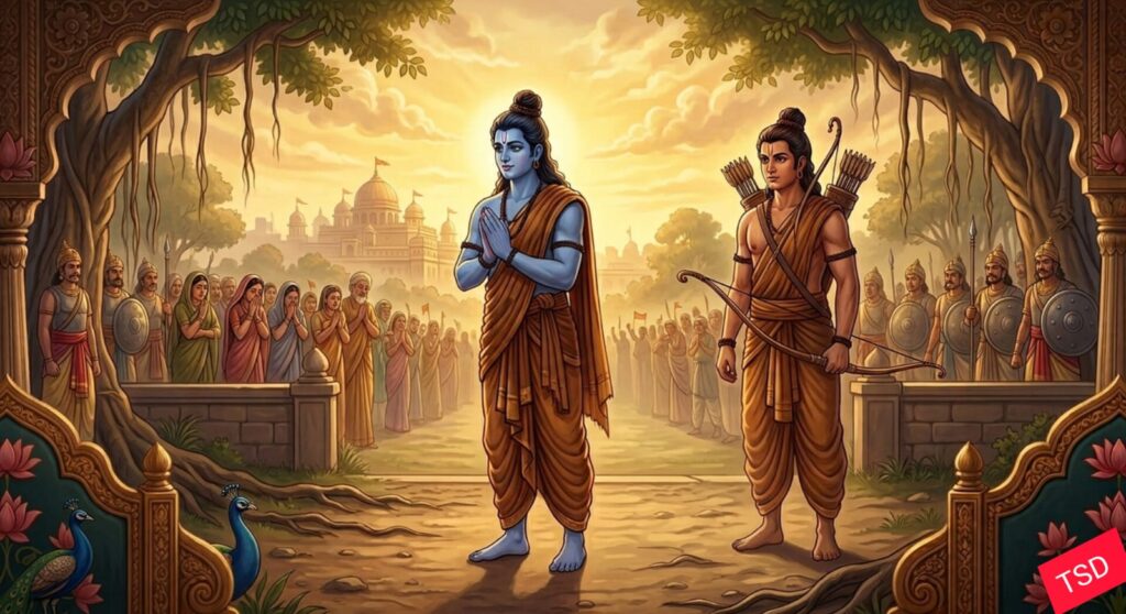 वनवासी वेश में प्रभु श्रीराम और धनुष-बाण लिए लक्ष्मण जी की अयोध्या से विदाई का दृश्य