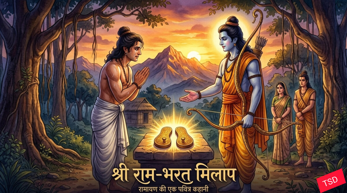 राम भरत मिलाप — भरत श्रीराम की पादुकाएं माथे से लगाते हुए, चित्रकूट वन में भावपूर्ण मिलन का दृश्य
