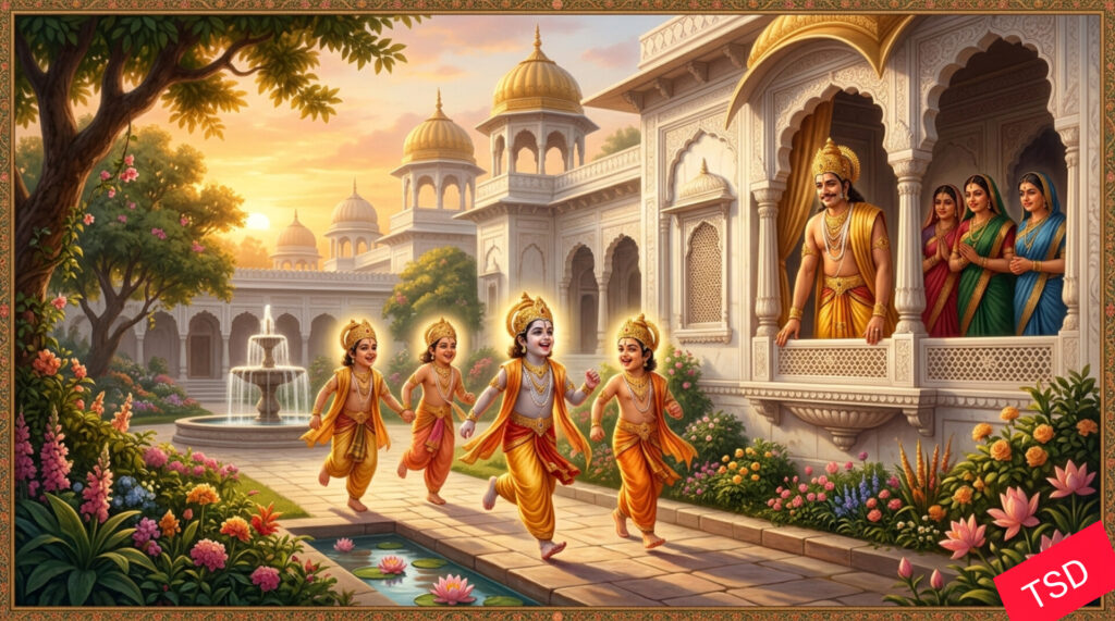 बालकांड रामायण — राम, लक्ष्मण, भरत और शत्रुघ्न अयोध्या के उद्यान में खेल रहे हैं, दशरथ और तीनों रानियाँ झरोखे से देख रहे हैं