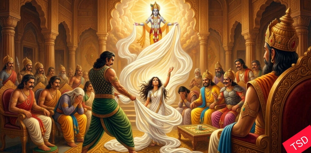 द्रौपदी वस्त्र हरण श्रीकृष्ण दिव्य प्रकाश चमत्कार रक्षा