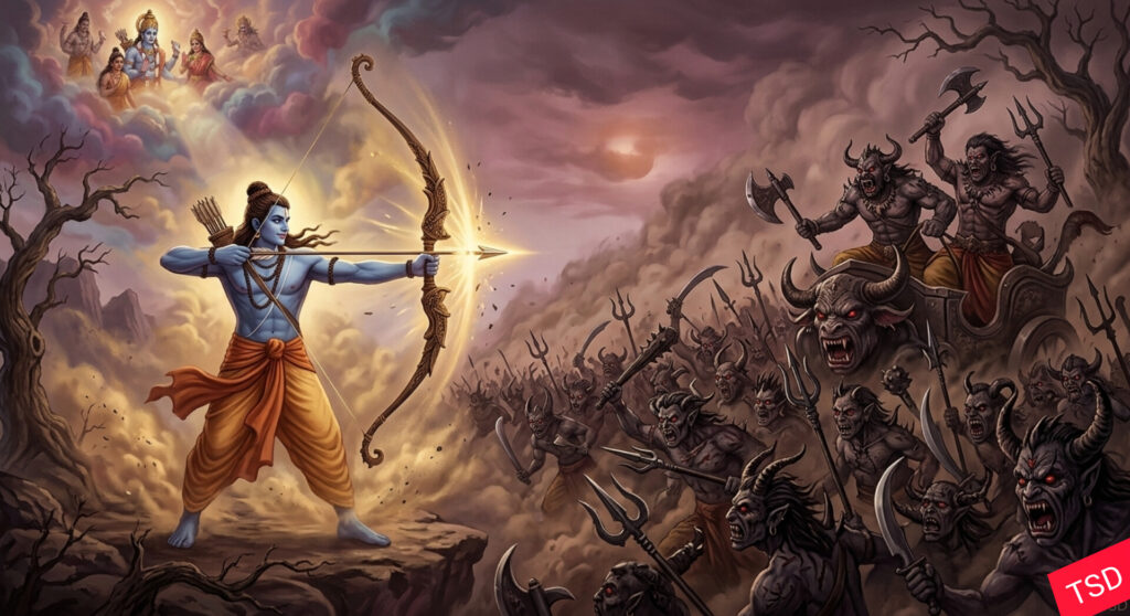 दिव्य कोदंड धनुष से प्रकाशमय तीर छोड़ते भगवान राम और उनके सामने घुटने टेकती, तीरों से छिदती हुई असुर सेना और रथ का विध्वंस।