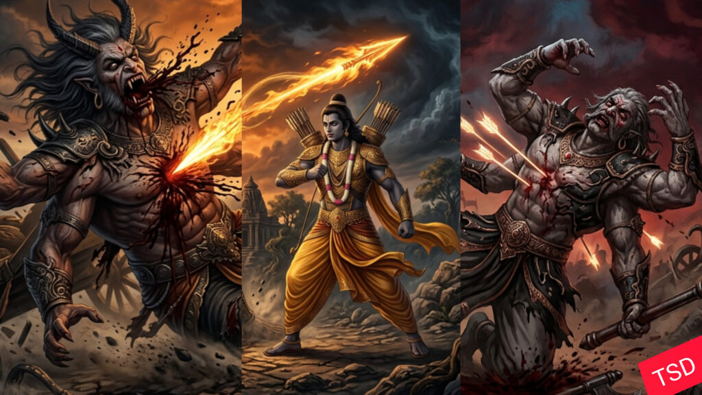 तीन भागों की पेंटिंग जिसमें बीच में भगवान राम खड़े हैं, बाईं ओर राक्षस राज खर के सीने को चीरता हुआ आग्नेयास्त्र और दाईं ओर तीरों से छलनी होकर गिरता दूषण।