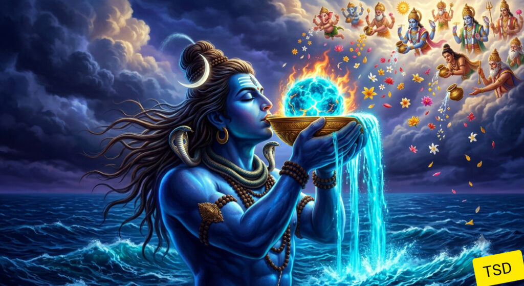 नीलकंठ भगवान शिव समुद्र मंथन से निकले हलाहल विष को कटोरे में लेकर पीते हुए, देवता आकाश से पुष्प वर्षा करते हुए