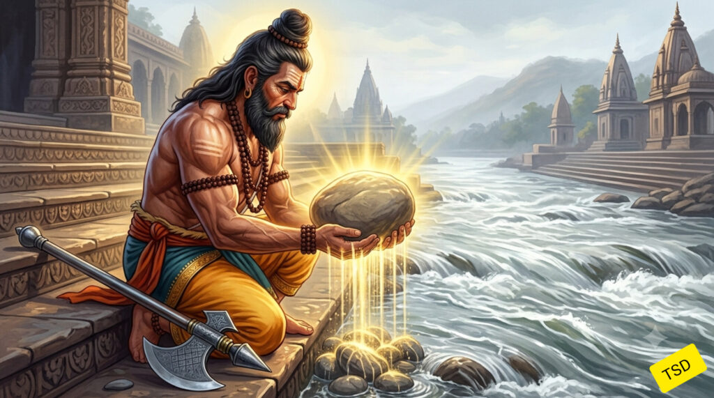 परशुराम जी हरिद्वार में गंगा नदी से पवित्र पत्थर उठाते हुए, शिवलिंग स्थापना के प्रायश्चित हेतु
