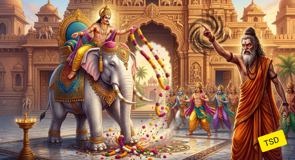 इंद्र ऐरावत हाथी पर सवार, दुर्वासा मुनि की माला गिराते हुए, मुनि क्रोधित होकर श्राप देते हुए