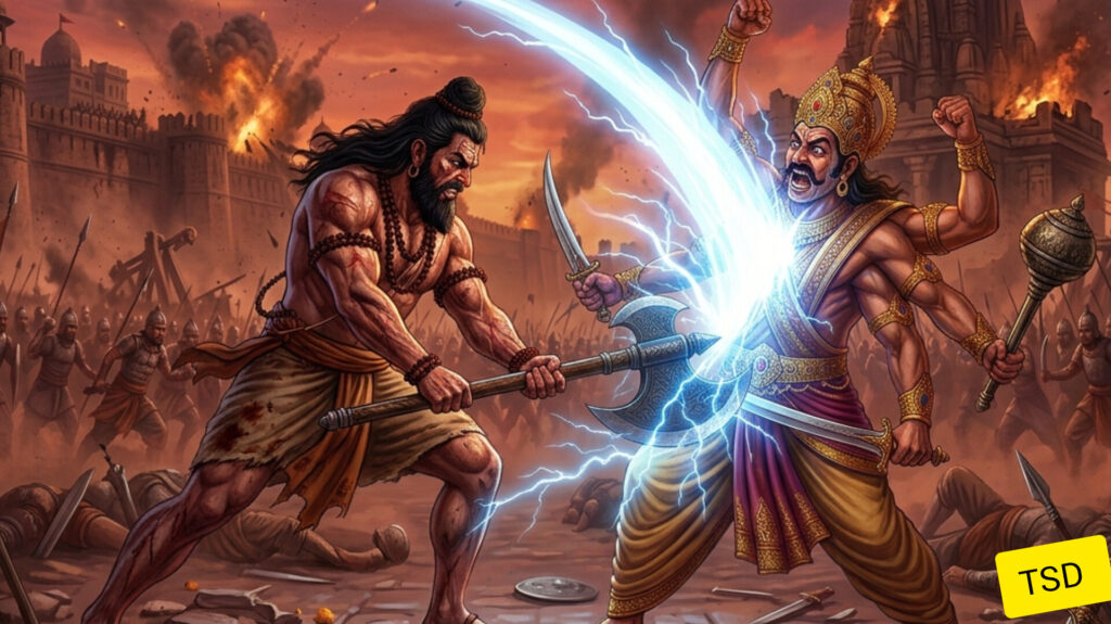 परशुराम फरसे से सहस्रबाहु पर वार करते हुए, युद्धभूमि में बिजली और अग्नि के बीच