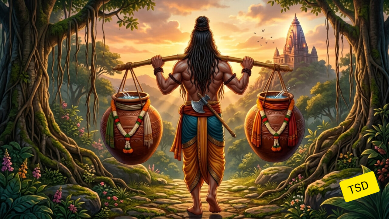 परशुराम कंधे पर कांवड़ में गंगाजल के दो घड़े लेकर घने जंगल के रास्ते से मंदिर की ओर जाते हुए, पीछे से दृश्य
