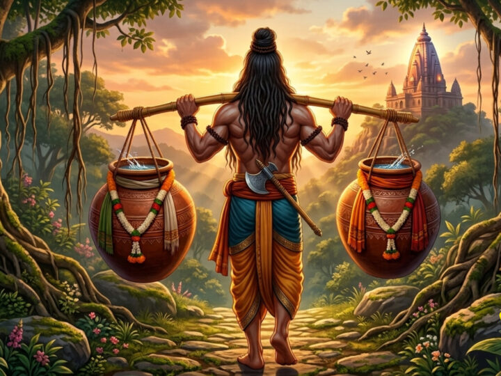 परशुराम कंधे पर कांवड़ में गंगाजल के दो घड़े लेकर घने जंगल के रास्ते से मंदिर की ओर जाते हुए, पीछे से दृश्य