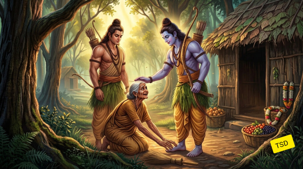 भगवान श्रीराम शबरी के सिर पर आशीर्वाद का हाथ रखते हुए, लक्ष्मण साथ खड़े