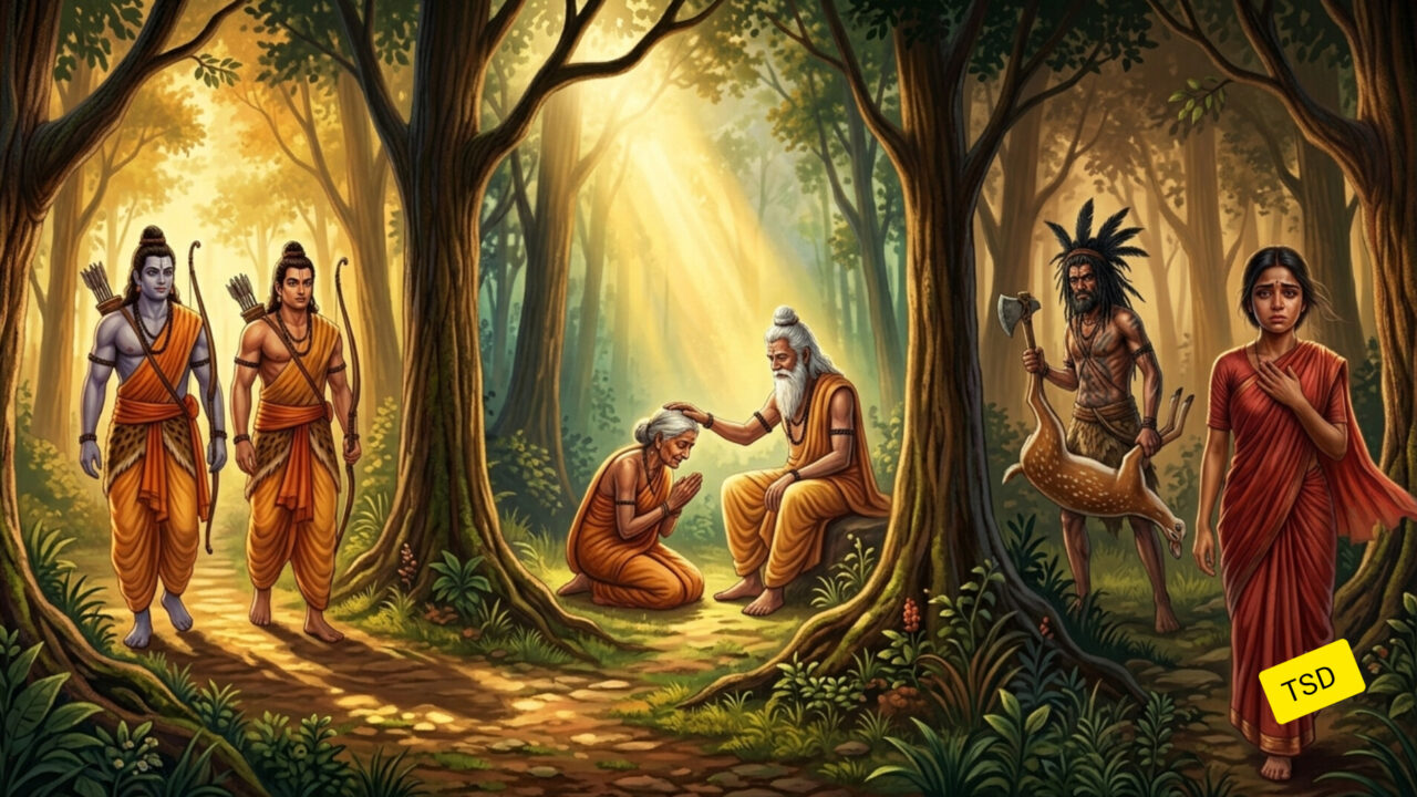 राम-लक्ष्मण वन विहार, शबरी गुरु आशीर्वाद और वन्य जीवन के तीन दृश्य एक साथ