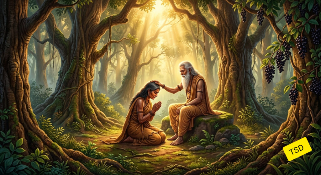 युवा शबरी गुरु मतंग ऋषि के चरणों में हाथ जोड़े, ऋषि आशीर्वाद देते हुए