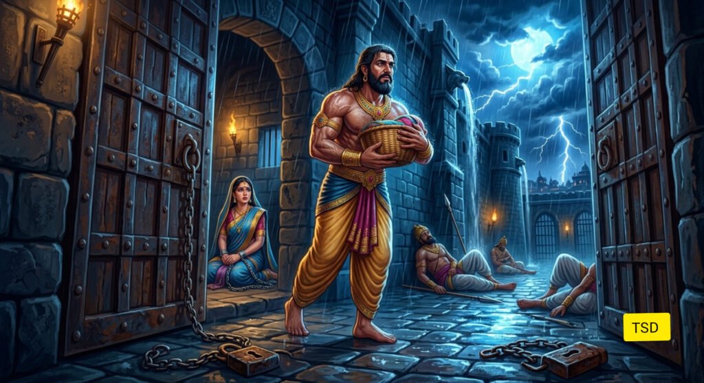 वसुदेव कारागार द्वार खुले तूफानी रात