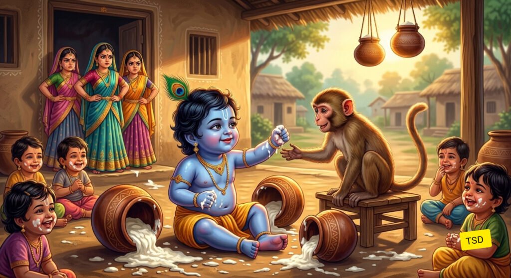 माखनचोरी लीला कृष्ण बंदर गोपियां