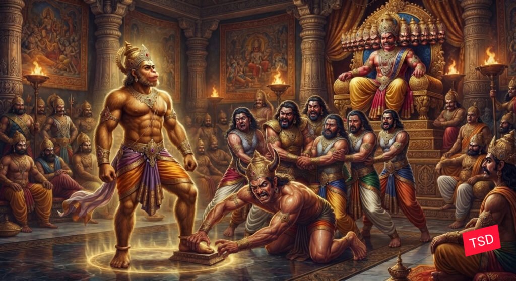 रावण की सभा में अंगद का जमा हुआ पैर, जिसे राक्षस योद्धा हिला नहीं पा रहे