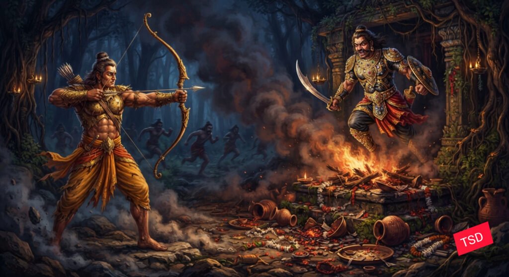 निकुम्भिला मंदिर में मेघनाद का यज्ञ भंग करते लक्ष्मण, मेघनाद वध युद्ध कांड