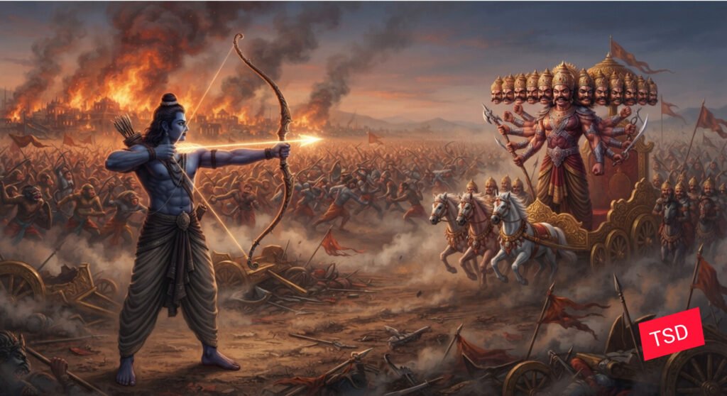 दस सिर वाले रावण से अंतिम युद्ध करते श्रीराम, रावण वध युद्ध कांड रामायण